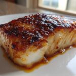 Close-up of a thick, flaky piece of Baked Honey Cod with a dark, caramelized honey glaze on top.