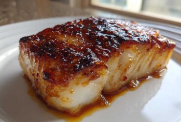 Close-up of a thick, flaky piece of Baked Honey Cod with a dark, caramelized honey glaze on top.