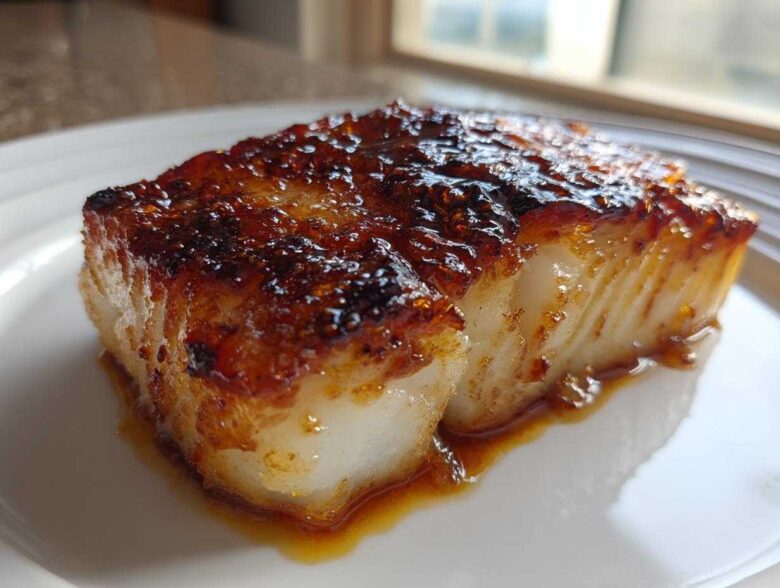 Close-up of a thick, flaky piece of Baked Honey Cod with a dark, caramelized honey glaze on top.