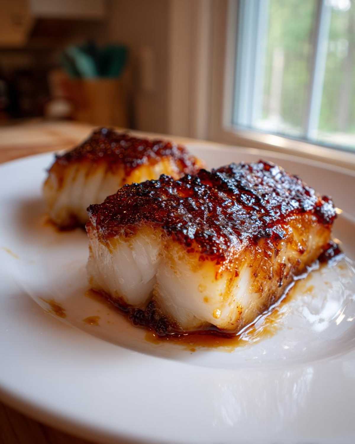Close-up of two thick, flaky pieces of Baked Honey Cod with a dark, caramelized honey glaze on a white plate.