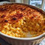 A close-up of creamy, cheesy Baked Mac and Cheese in a white casserole dish with a deeply browned, crispy topping.