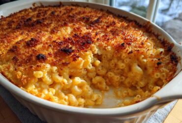 A close-up of creamy, cheesy Baked Mac and Cheese in a white casserole dish with a deeply browned, crispy topping.