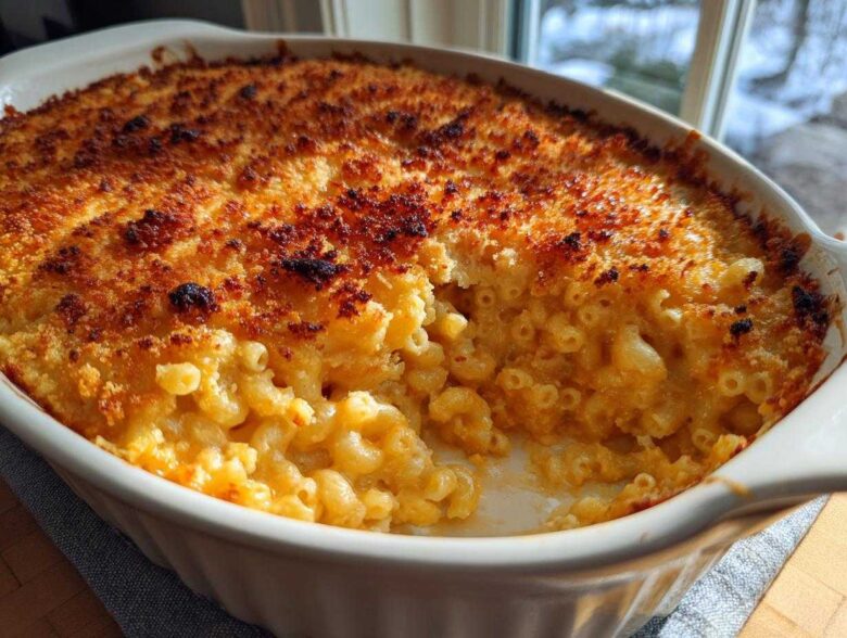 A close-up of creamy, cheesy Baked Mac and Cheese in a white casserole dish with a deeply browned, crispy topping.