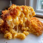 A close-up showing a serving of Baked Mac and Cheese being lifted, revealing long, gooey cheese pulls and a crispy, golden topping.