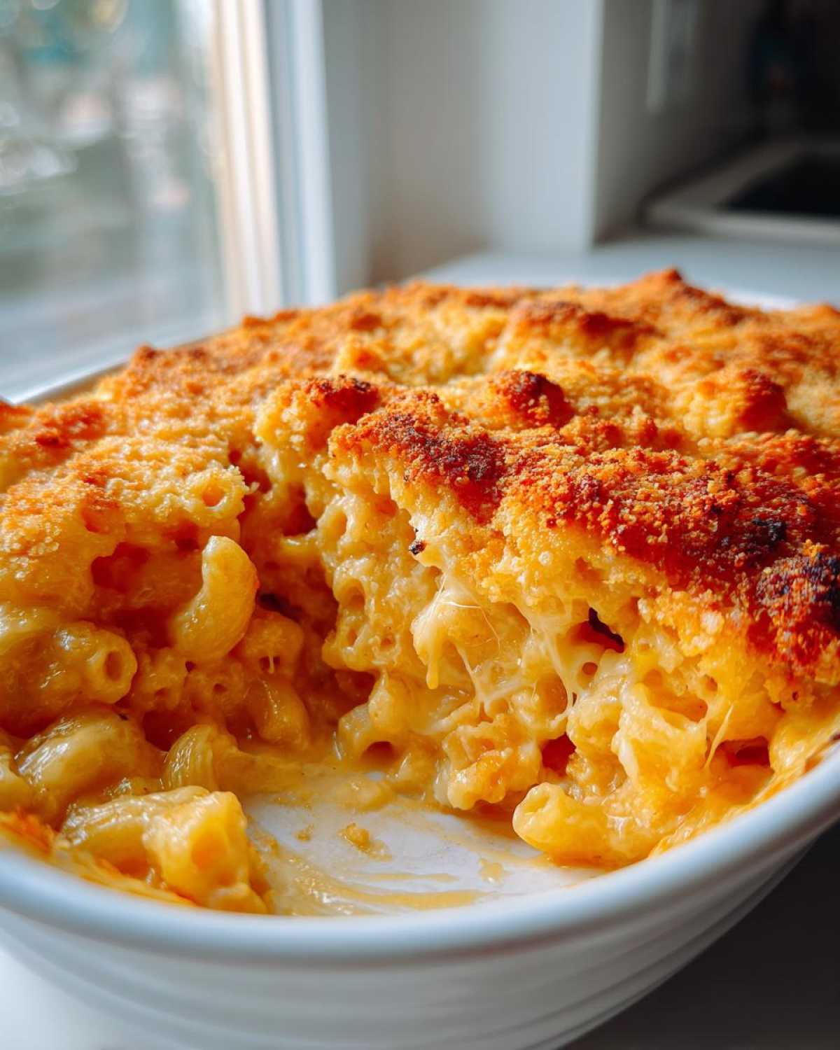 A close-up view of creamy, cheesy Baked Mac and Cheese with a golden-brown, crispy breadcrumb topping.