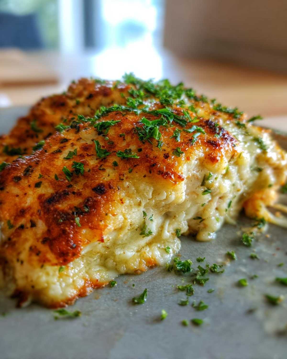 Close-up of Baked Marry Me Salmon fillets topped with a creamy, golden-brown crust and fresh parsley.