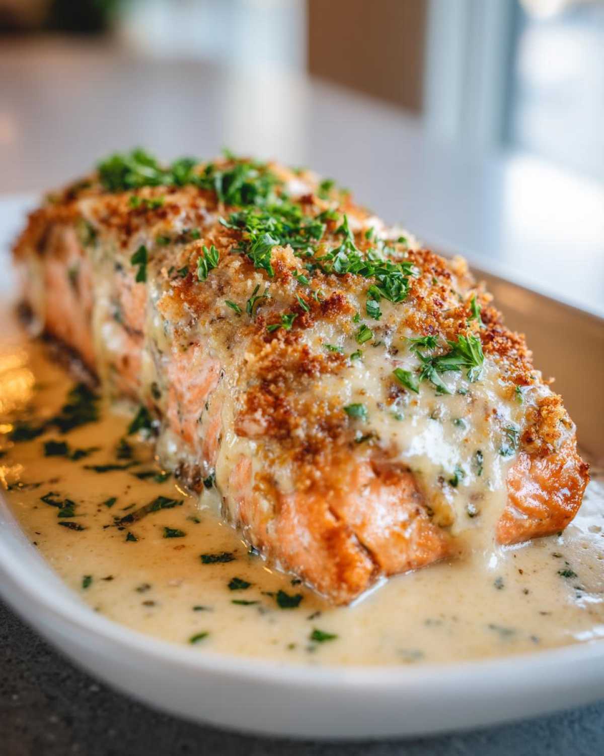 A perfectly cooked fillet of Baked Marry Me Salmon topped with a crispy crust and creamy sauce, garnished with fresh parsley.