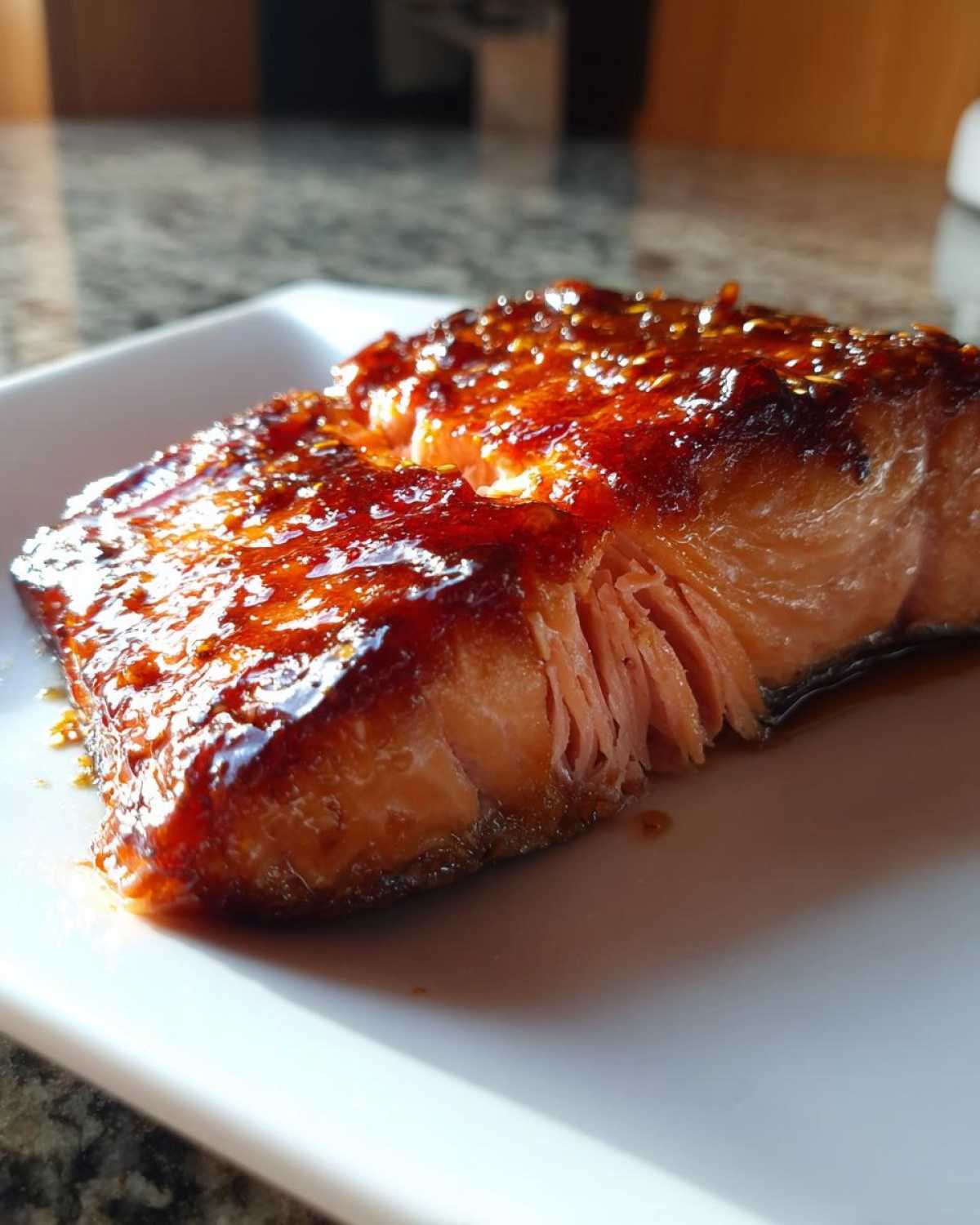 Close-up of a perfectly cooked fillet of Baked Salmon with Sweet and Savory Glaze, showing flaky texture and a shiny, dark glaze.