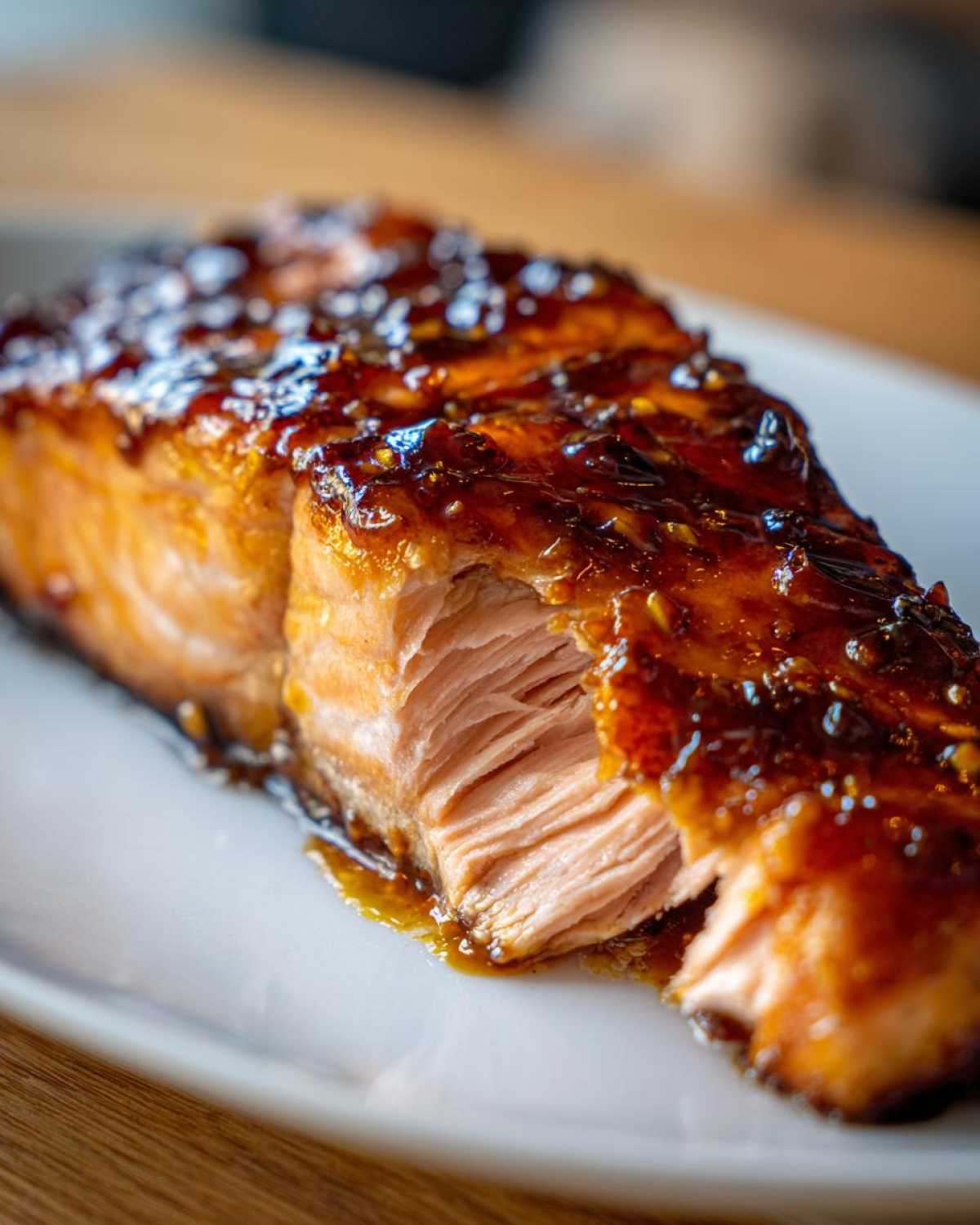 Close-up of a perfectly cooked fillet of Baked Salmon with Sweet and Savory Glaze, showing flaky texture.