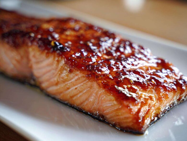 Close-up of a perfectly cooked fillet of Baked Salmon with Sweet and Savory Glaze, featuring a shiny, caramelized topping.