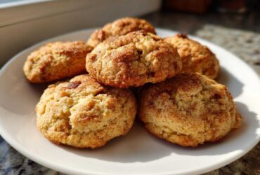 A pile of six soft, golden Banana Bread Cookies dusted with cinnamon sugar on a white plate.
