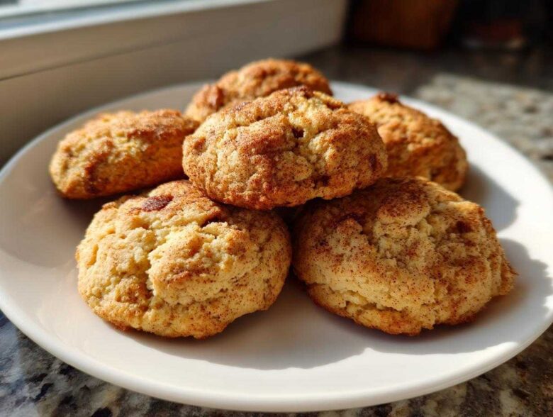 A pile of six soft, golden Banana Bread Cookies dusted with cinnamon sugar on a white plate.