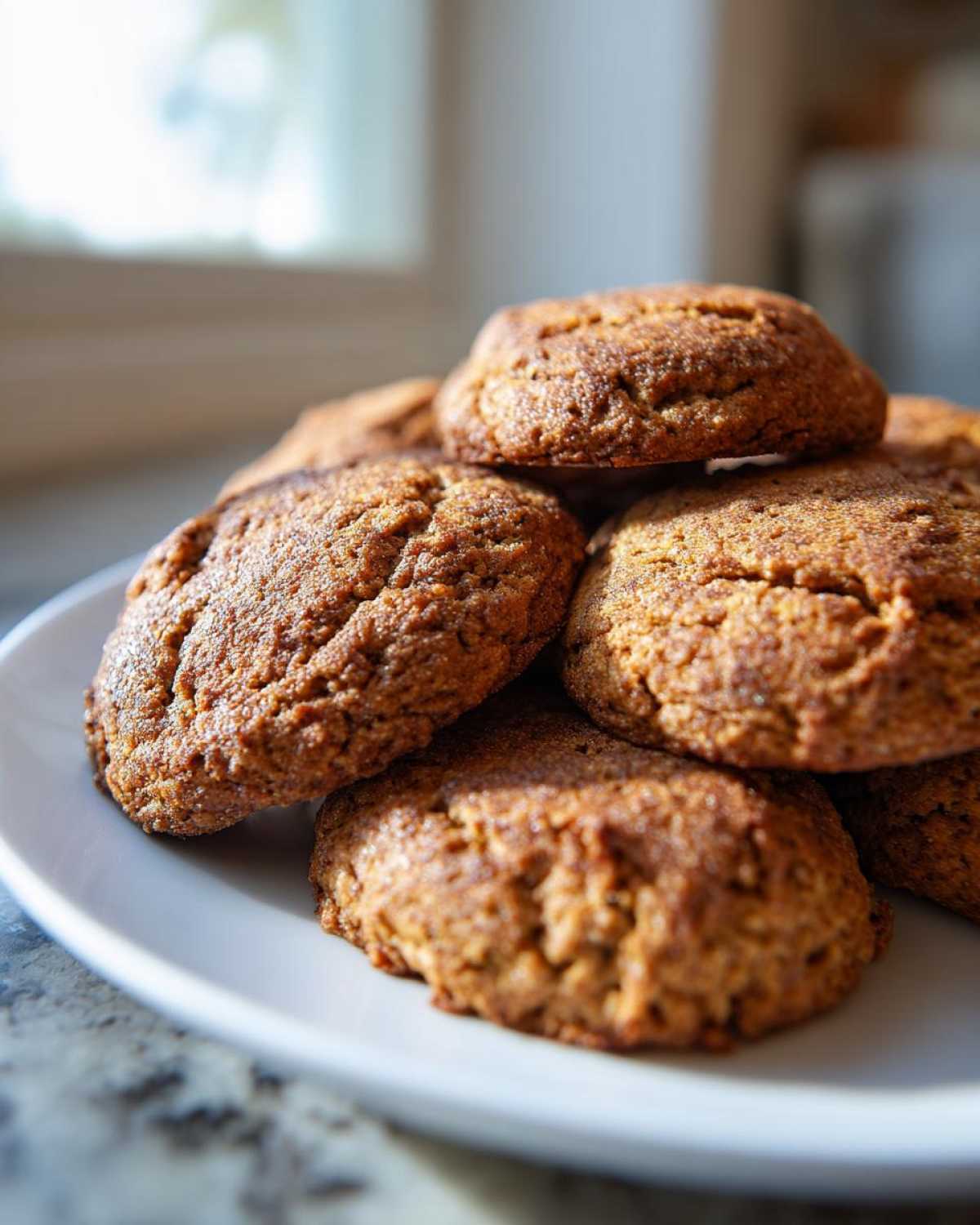 A close-up stack of warm, soft Banana Bread Cookies piled high on a white plate.