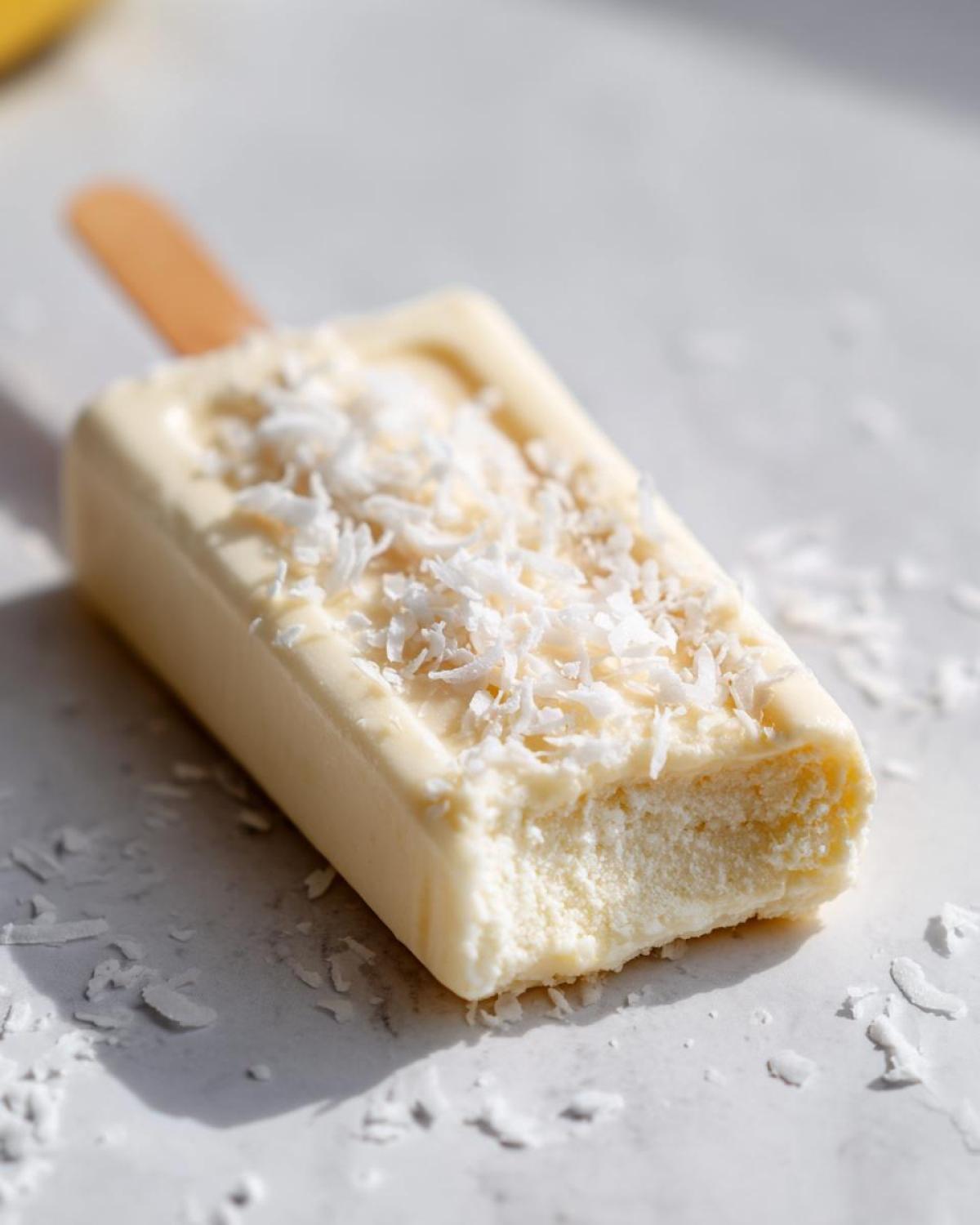 A creamy, white Banana Coconut Popsicles with a bite taken out, topped with shredded coconut flakes.