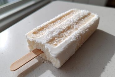A single, creamy Banana Coconut Popsicles coated in shredded coconut resting on a light countertop.
