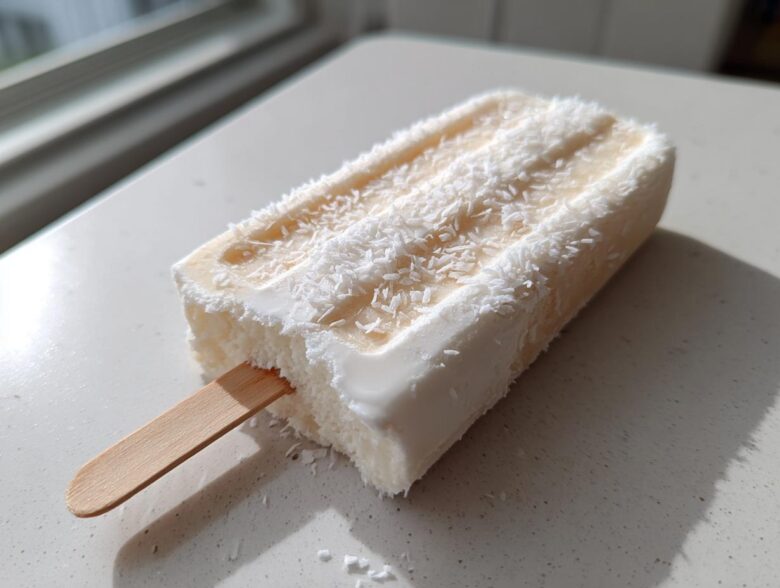 A single, creamy Banana Coconut Popsicles coated in shredded coconut resting on a light countertop.