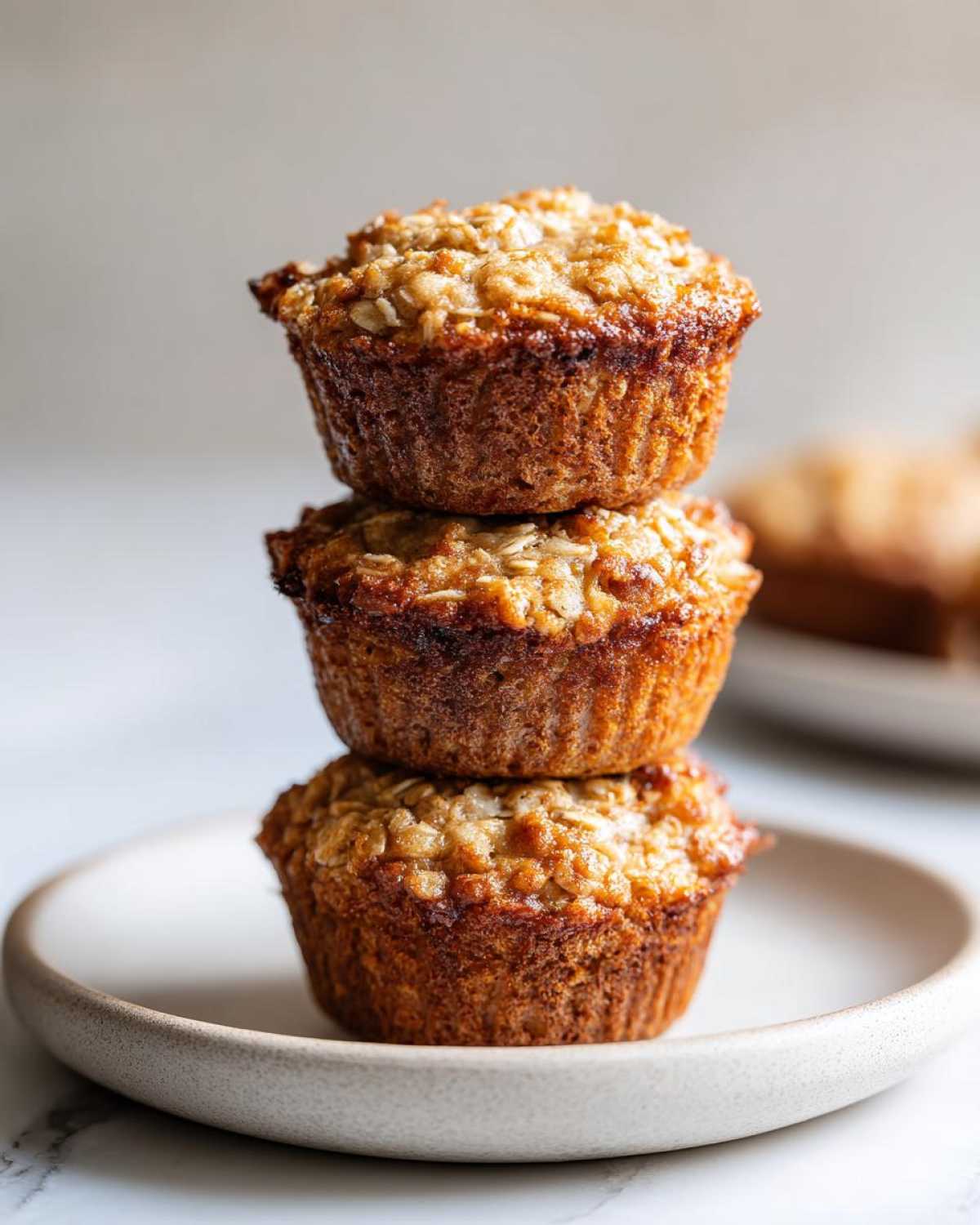 Three freshly baked Banana Oatmeal Muffins stacked vertically on a light ceramic plate.