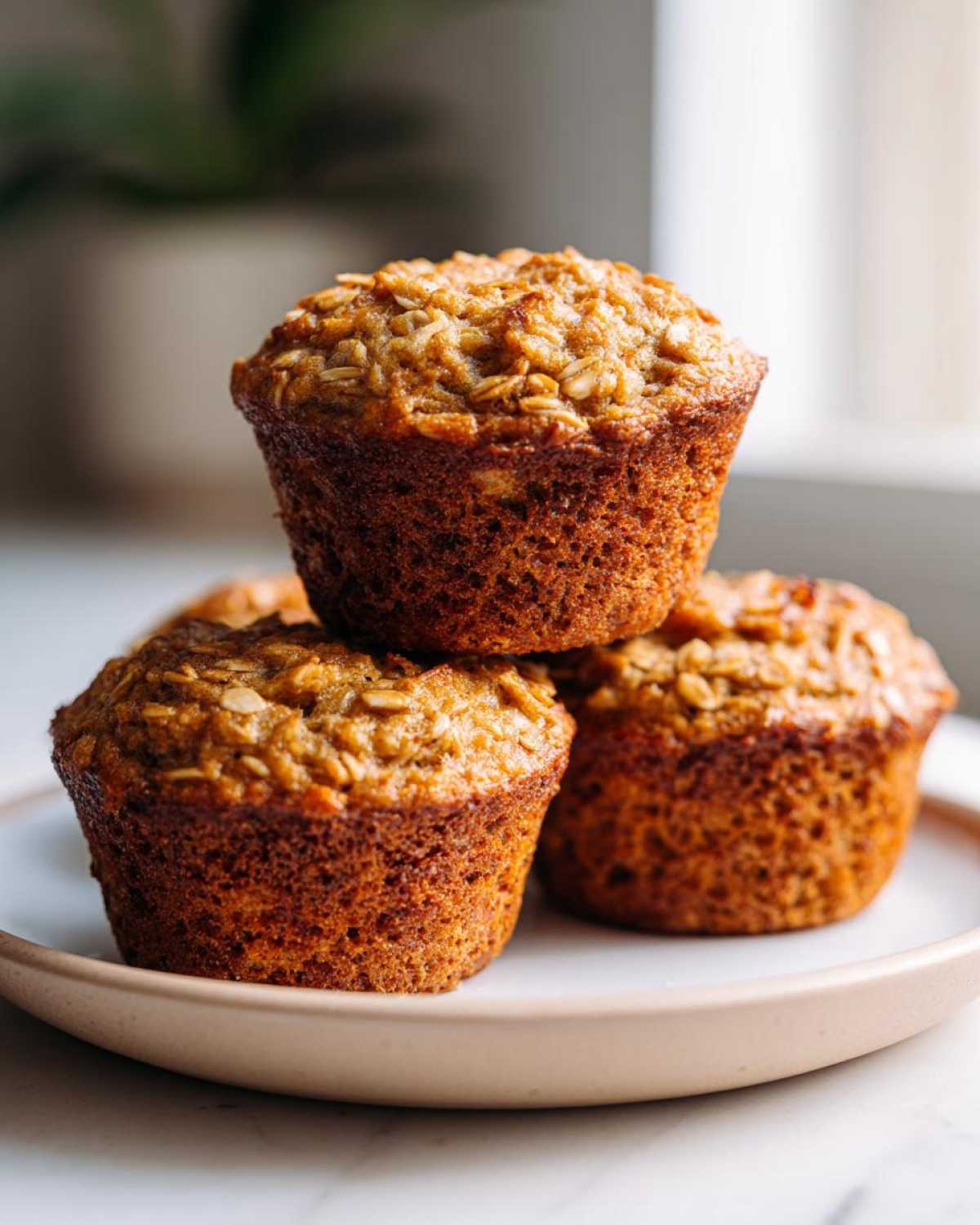 A stack of three golden brown Banana Oatmeal Muffins topped with visible rolled oats, resting on a light plate.
