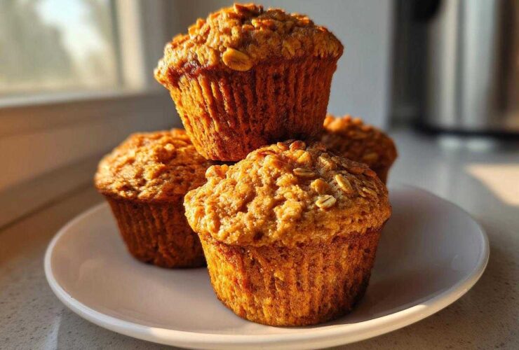 Four golden-brown Banana Oatmeal Muffins stacked on a white plate, catching warm morning sunlight.