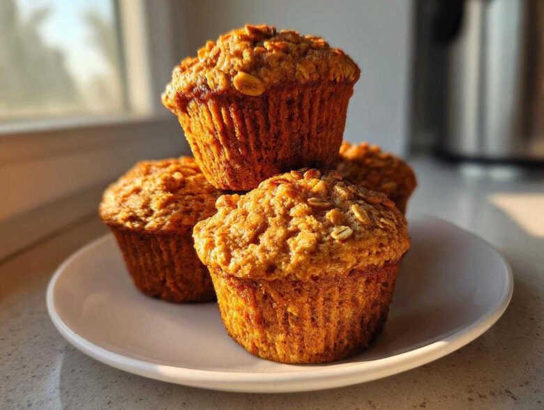 Four golden-brown Banana Oatmeal Muffins stacked on a white plate, catching warm morning sunlight.