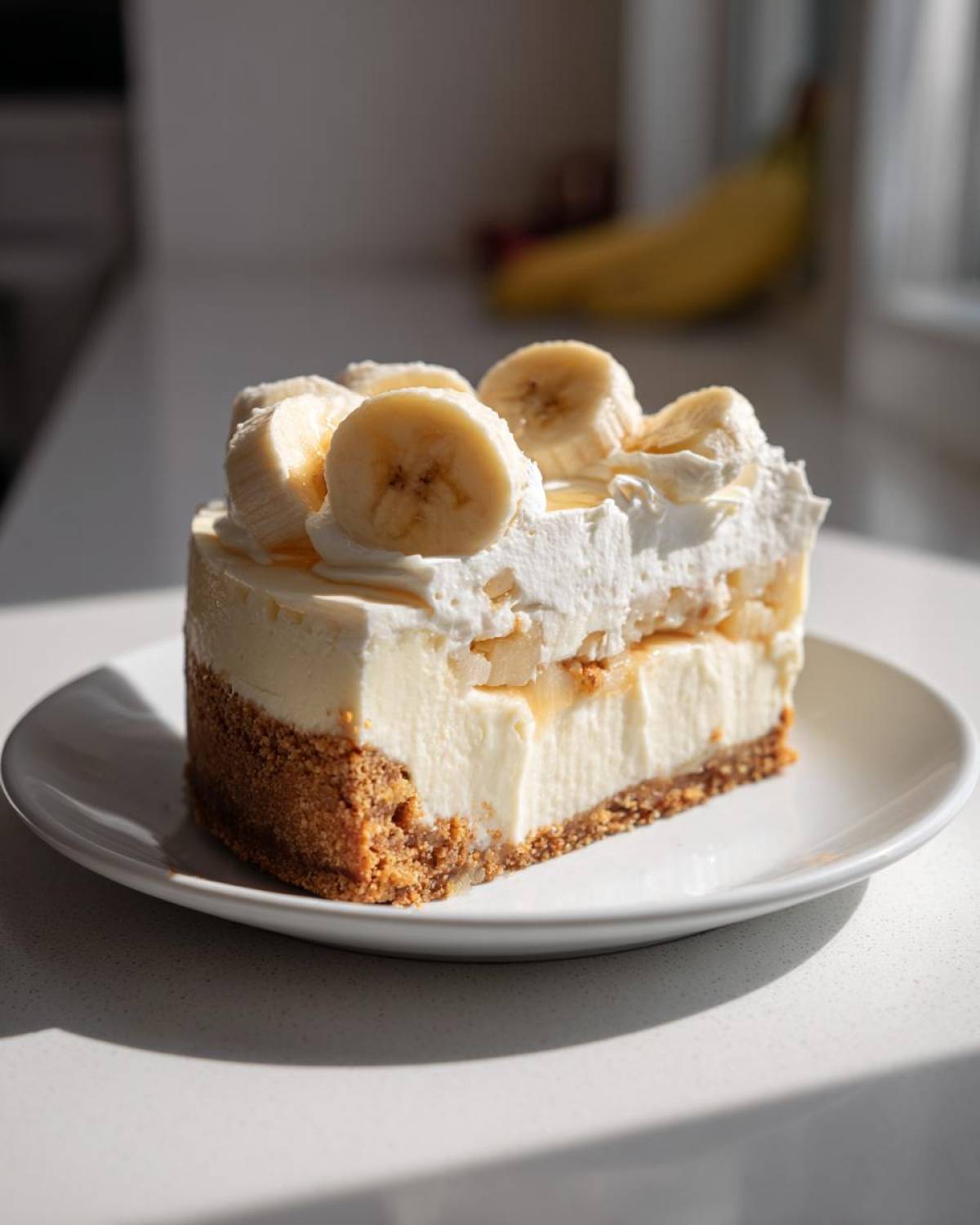 A rich slice of Banana Pudding Cheesecake with Vanilla Wafer Crust, topped with whipped cream and fresh banana slices.