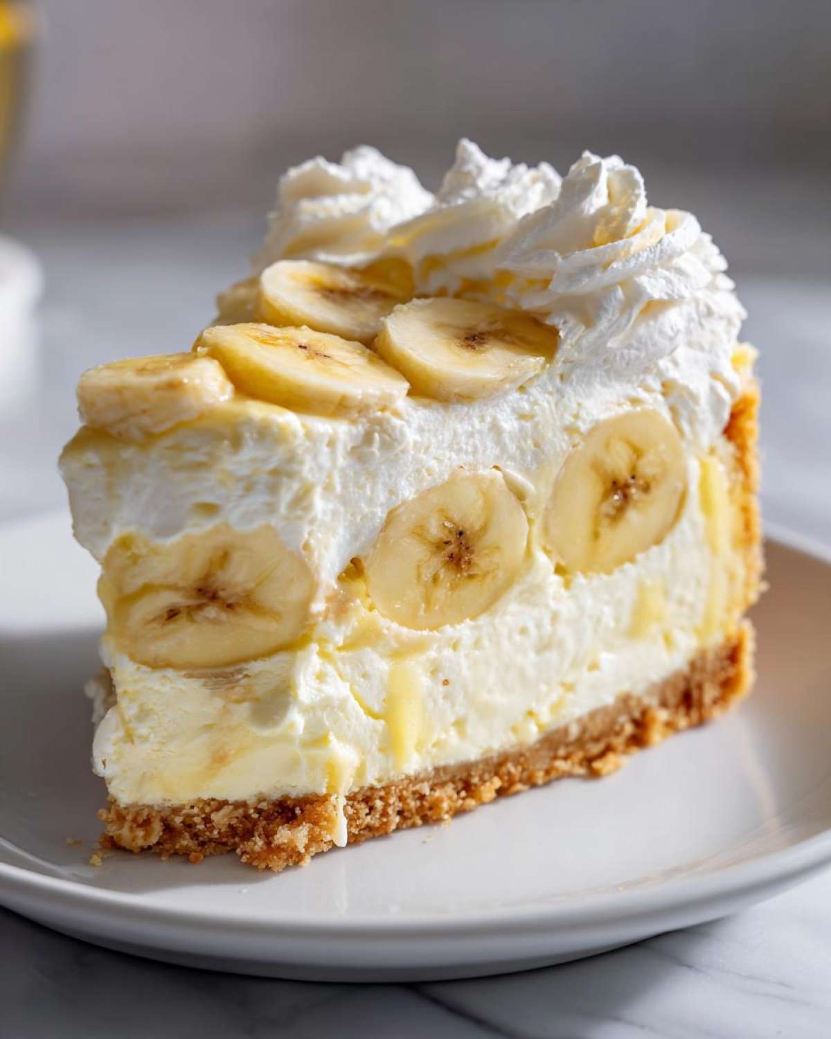 A tall slice of Banana Pudding Cheesecake with Vanilla Wafer Crust, topped with whipped cream and fresh banana slices.