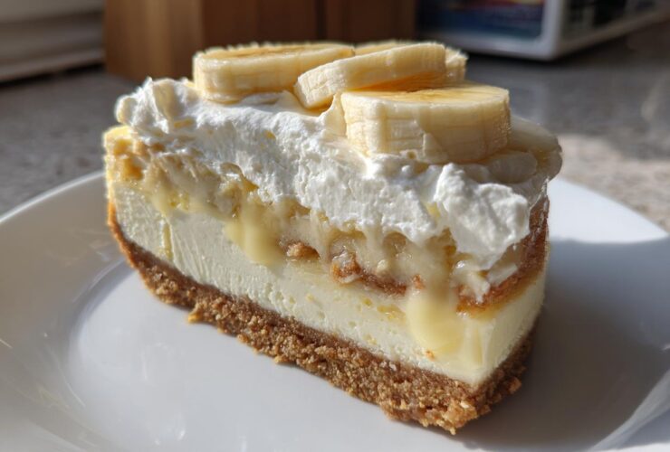 A cross-section slice of Banana Pudding Cheesecake with Vanilla Wafer Crust, topped with whipped cream and fresh banana slices.