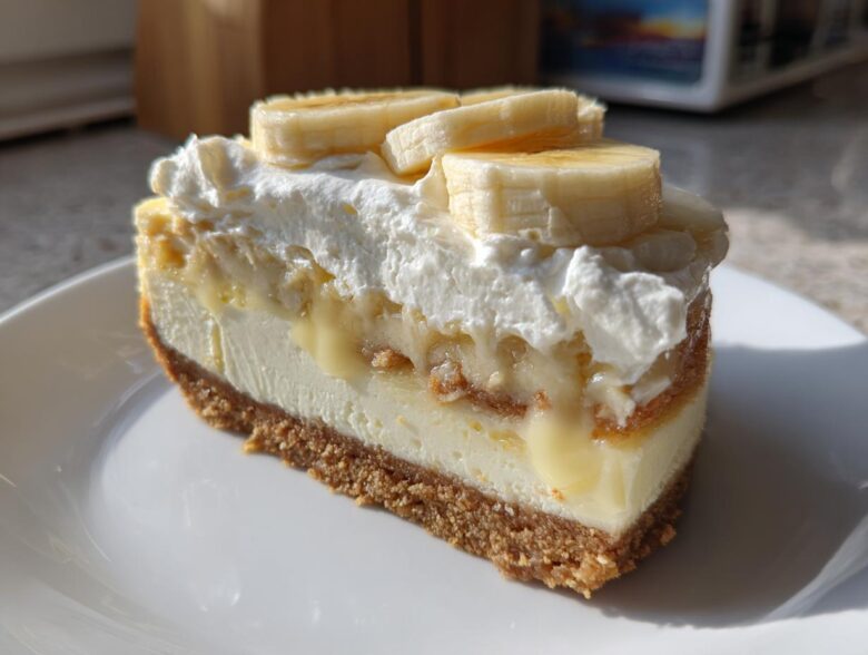 A cross-section slice of Banana Pudding Cheesecake with Vanilla Wafer Crust, topped with whipped cream and fresh banana slices.