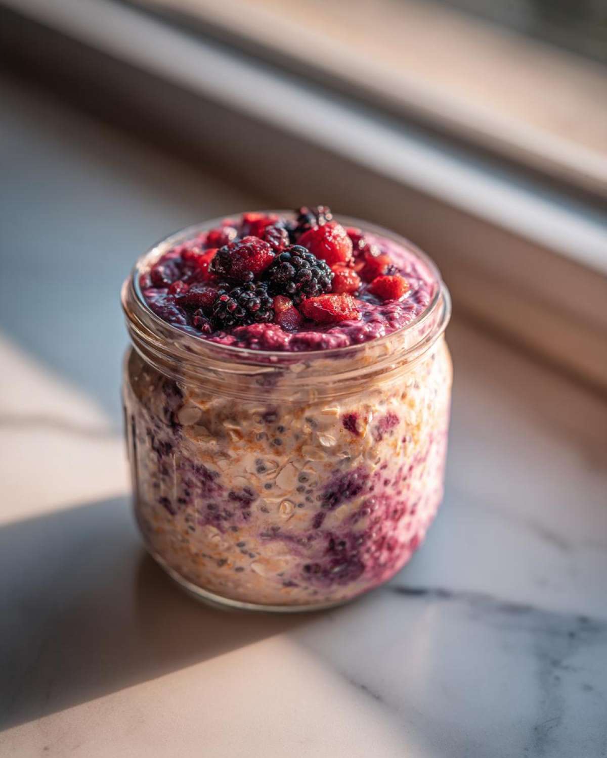 A glass jar filled with berry Overnight Oats, topped with fresh blackberries and raspberries, sitting on a marble surface.