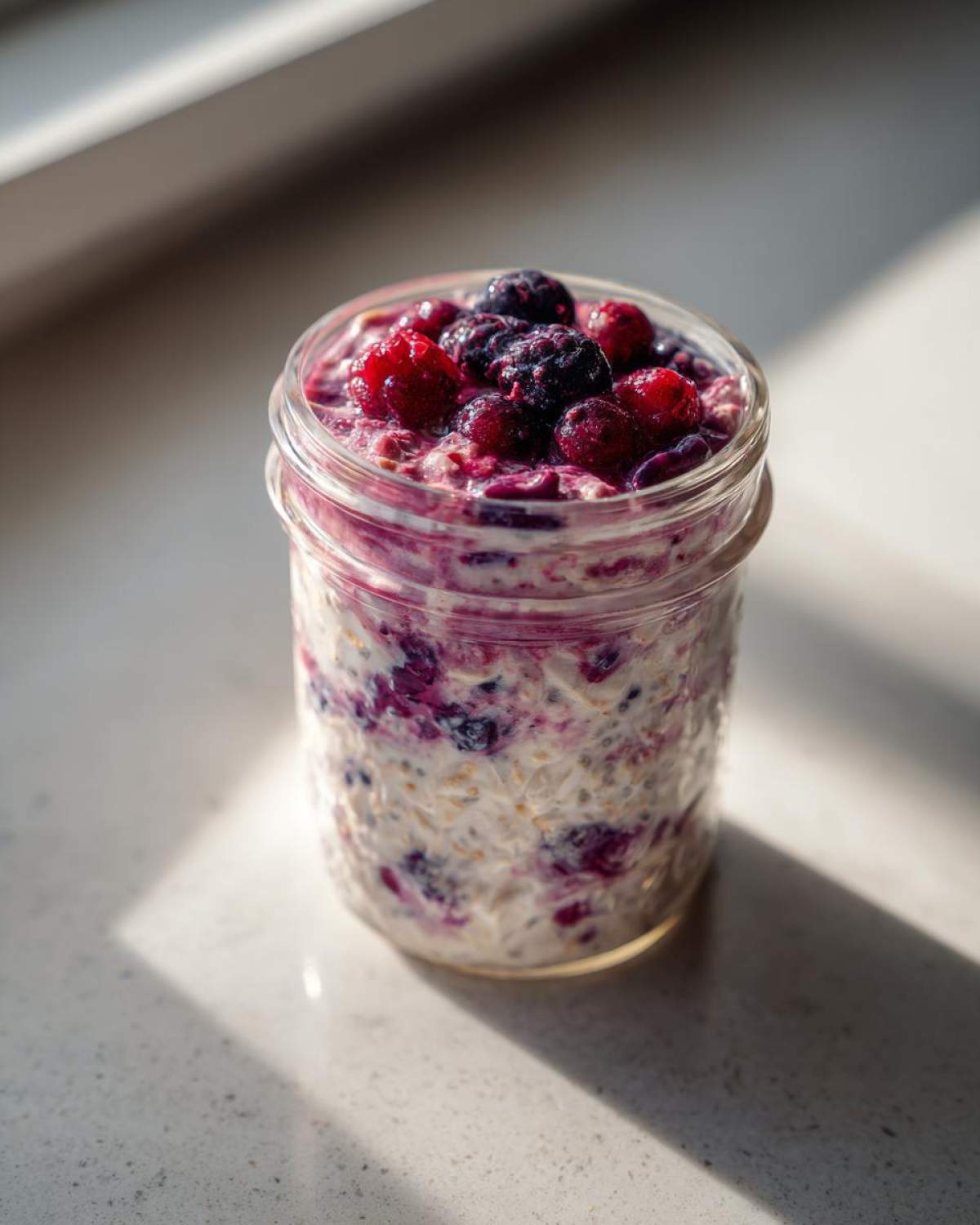 A jar of berry Overnight Oats topped with fresh raspberries and blackberries, sitting in bright morning sunlight.