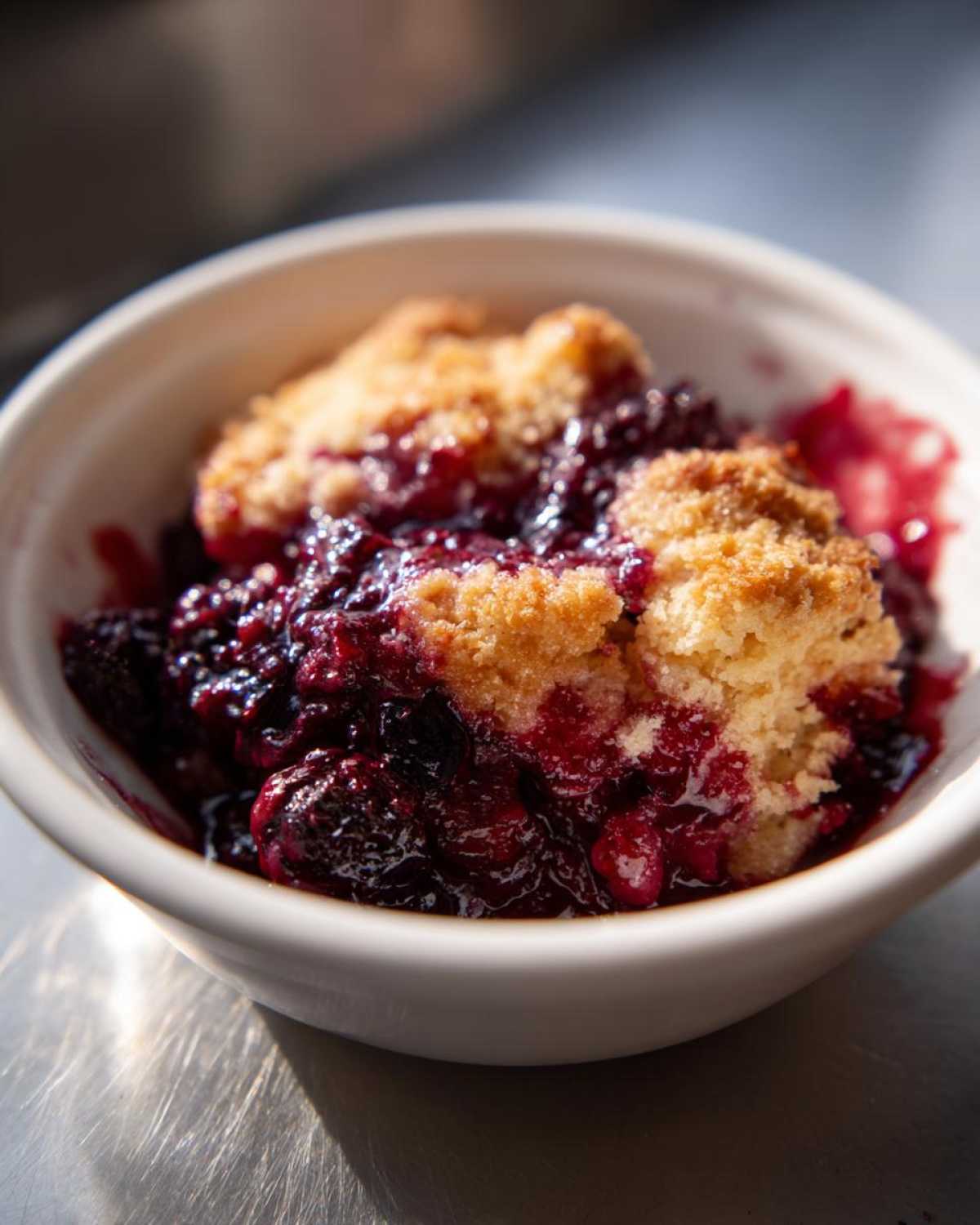 Close-up of a warm serving of Blackberry Cobbler with juicy berries and golden topping in a white bowl.