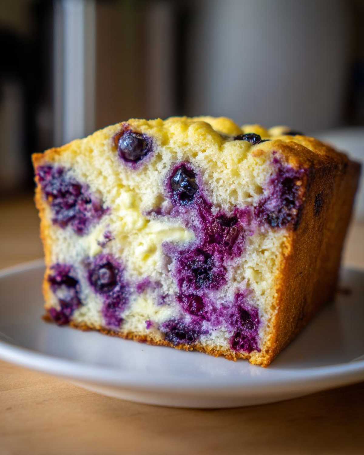 Close-up of a moist slice of Blueberry Cream Cheese Bread Loaf showing swirls of cream cheese and bursting blueberries.