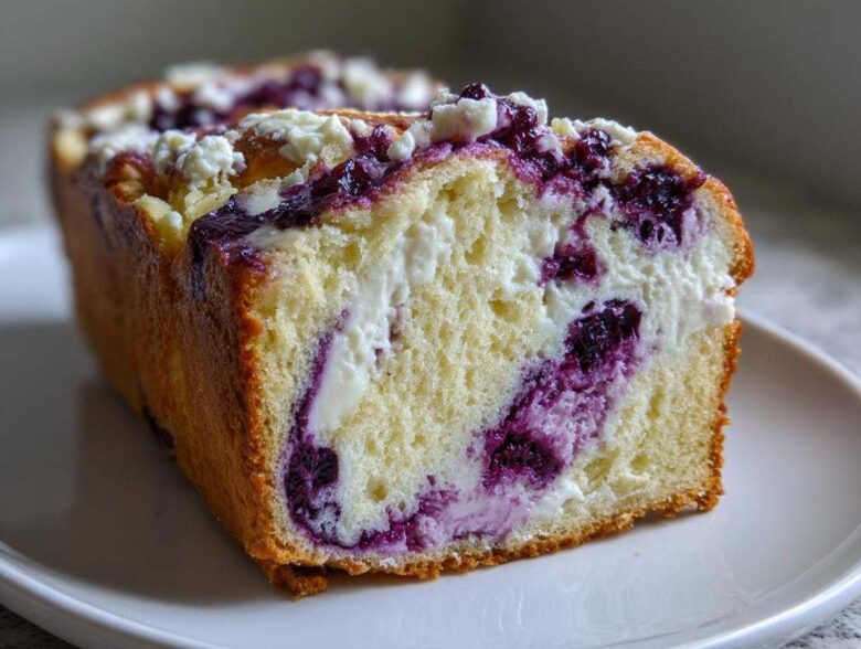 Cross-section view of a rich Blueberry Cream Cheese Bread Loaf showing swirls of cream cheese and blueberries in the moist crumb.