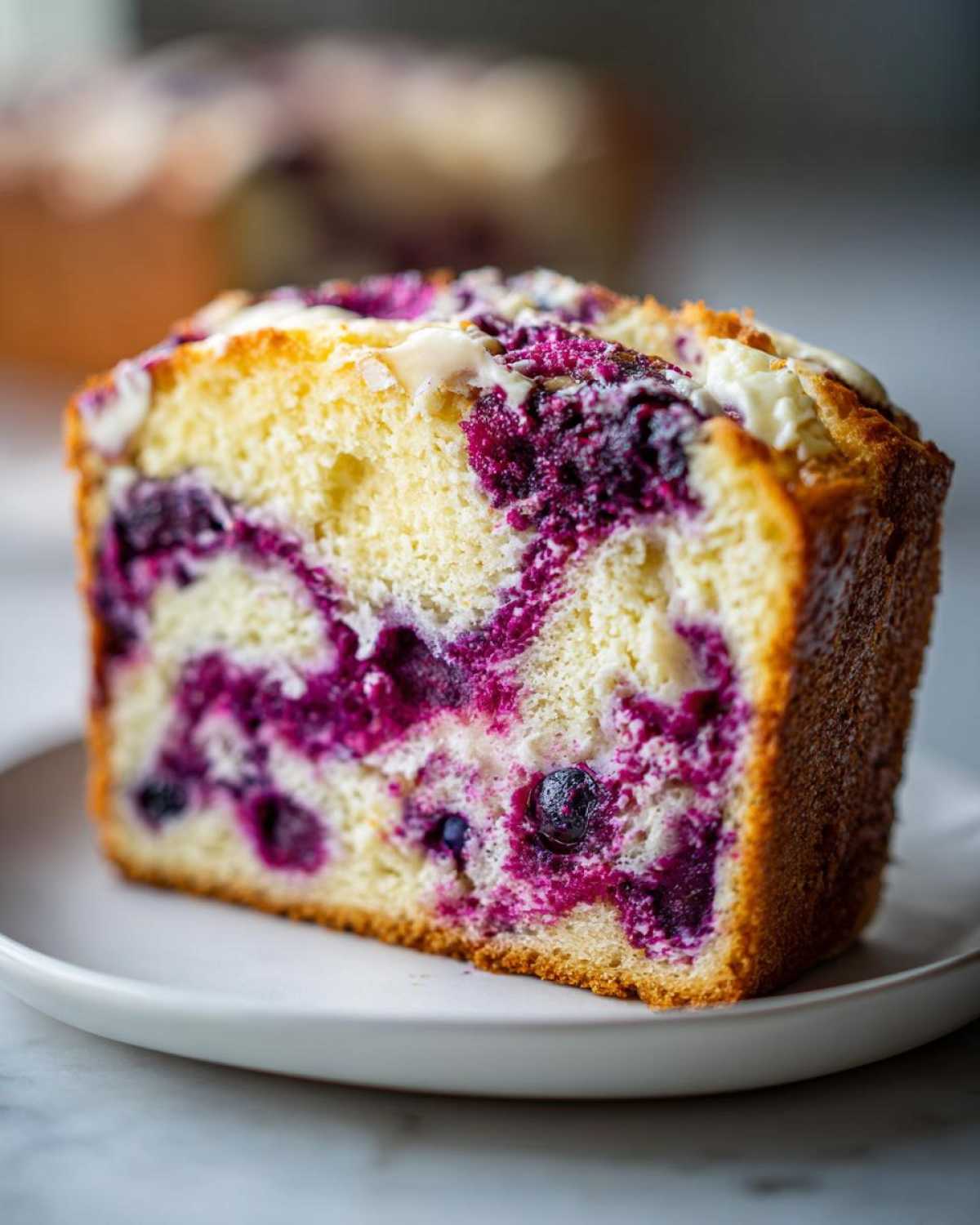 Close-up of a thick slice of Blueberry Cream Cheese Bread Loaf showing vibrant purple blueberry swirls and a light cream cheese topping.