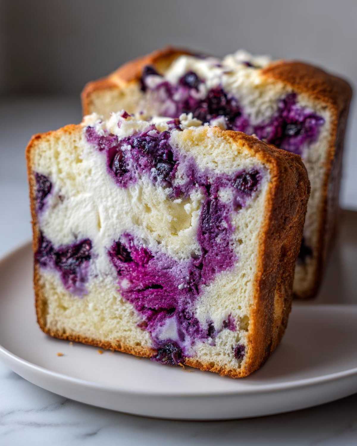 Close-up of two slices of Blueberry Cream Cheese Bread Loaf showing the rich purple blueberry swirl and cream cheese filling.