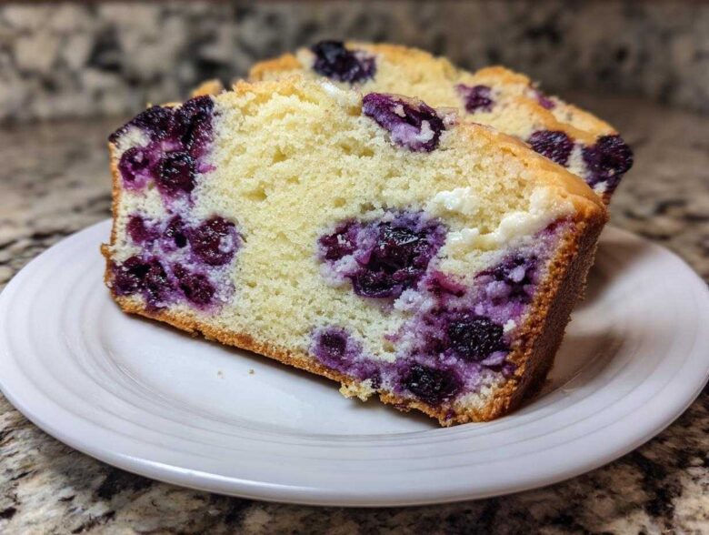 Two slices of moist Blueberry Cream Cheese Bread Loaf showing swirls of purple blueberries and white cream cheese filling.