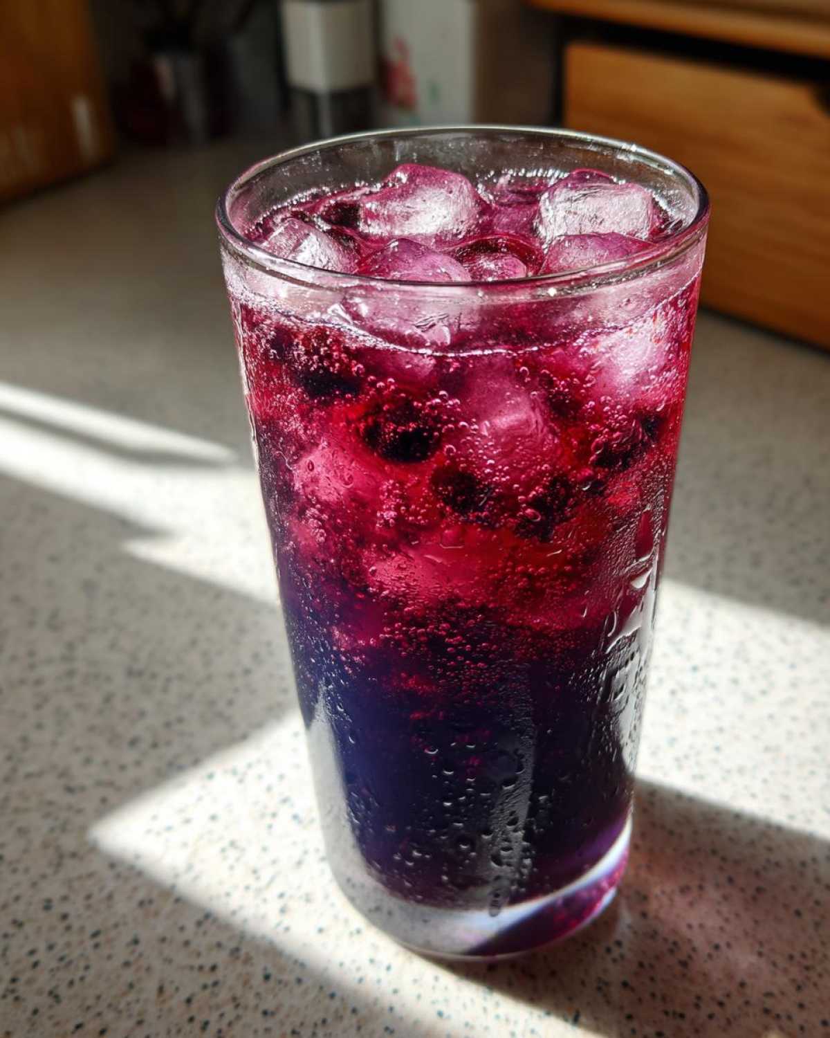A tall glass filled with vibrant, bubbly Blueberry Lemonade, ice cubes, and whole blueberries, glistening in sunlight.