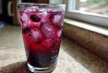 A tall, sweating glass filled with vibrant purple Blueberry Lemonade, ice cubes, and whole blueberries, sitting on a sunlit countertop.