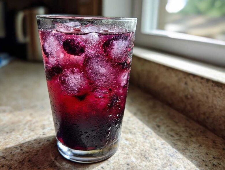 A tall, sweating glass filled with vibrant purple Blueberry Lemonade, ice cubes, and whole blueberries, sitting on a sunlit countertop.