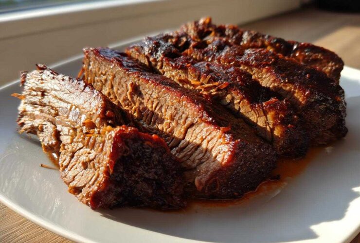 Four thick, juicy slices of slow-cooked brisket with a dark, caramelized exterior on a white plate.