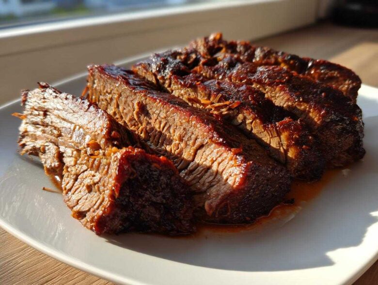 Four thick, juicy slices of slow-cooked brisket with a dark, caramelized exterior on a white plate.