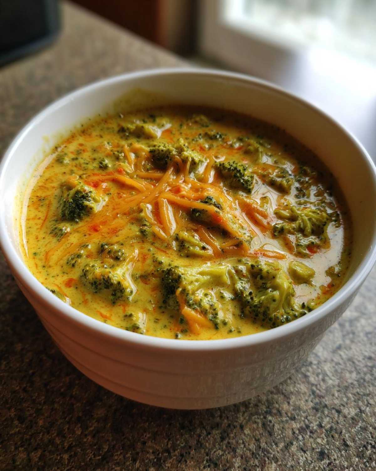 A close-up of a white bowl filled with creamy, yellow Broccoli and Cheddar Soup, topped with shredded orange cheddar.