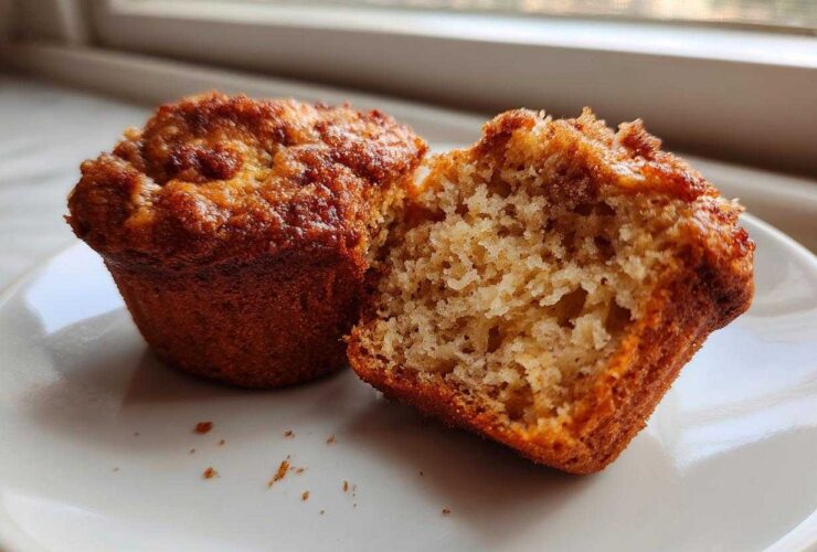 Close-up of a Brown Sugar Banana Muffin cut in half showing its moist, fluffy interior texture.