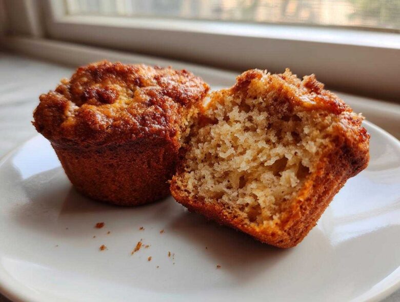 Close-up of a Brown Sugar Banana Muffin cut in half showing its moist, fluffy interior texture.