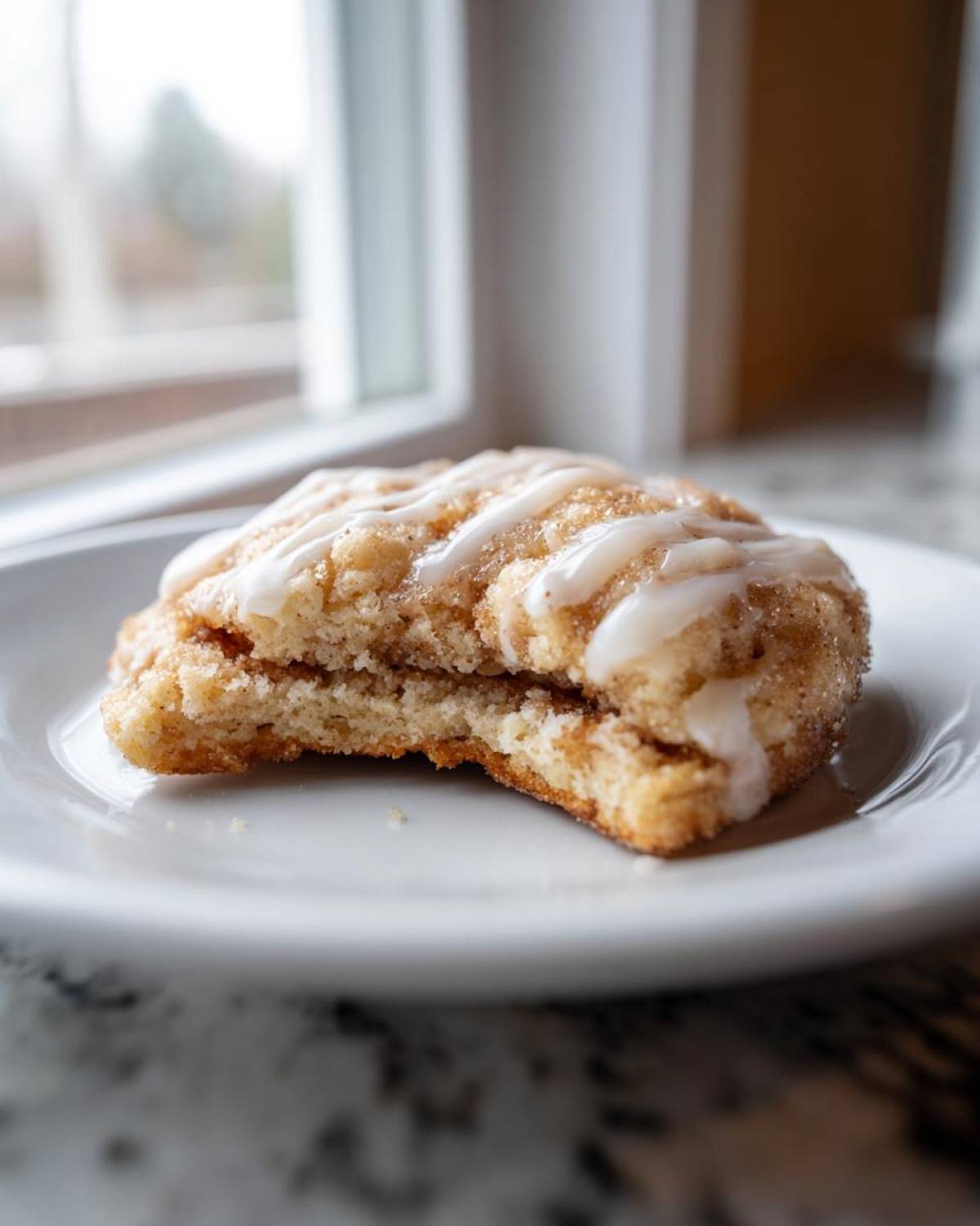 A bitten Brown Sugar Pop Tart Cookies cookie topped with cinnamon sugar and white icing, resting on a white plate.