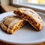 Two halves of a Brown Sugar Pop Tart Cookie, showing the gooey brown sugar filling and white glaze drizzle.
