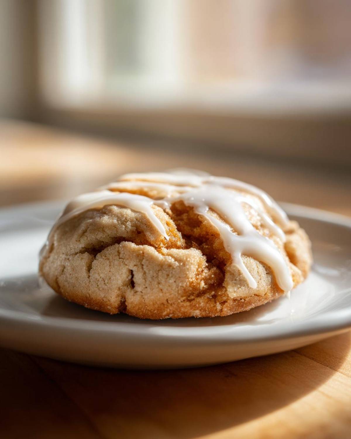 A single, soft-baked Brown Sugar Pop Tart Cookie drizzled with white vanilla icing, resting on a white plate.