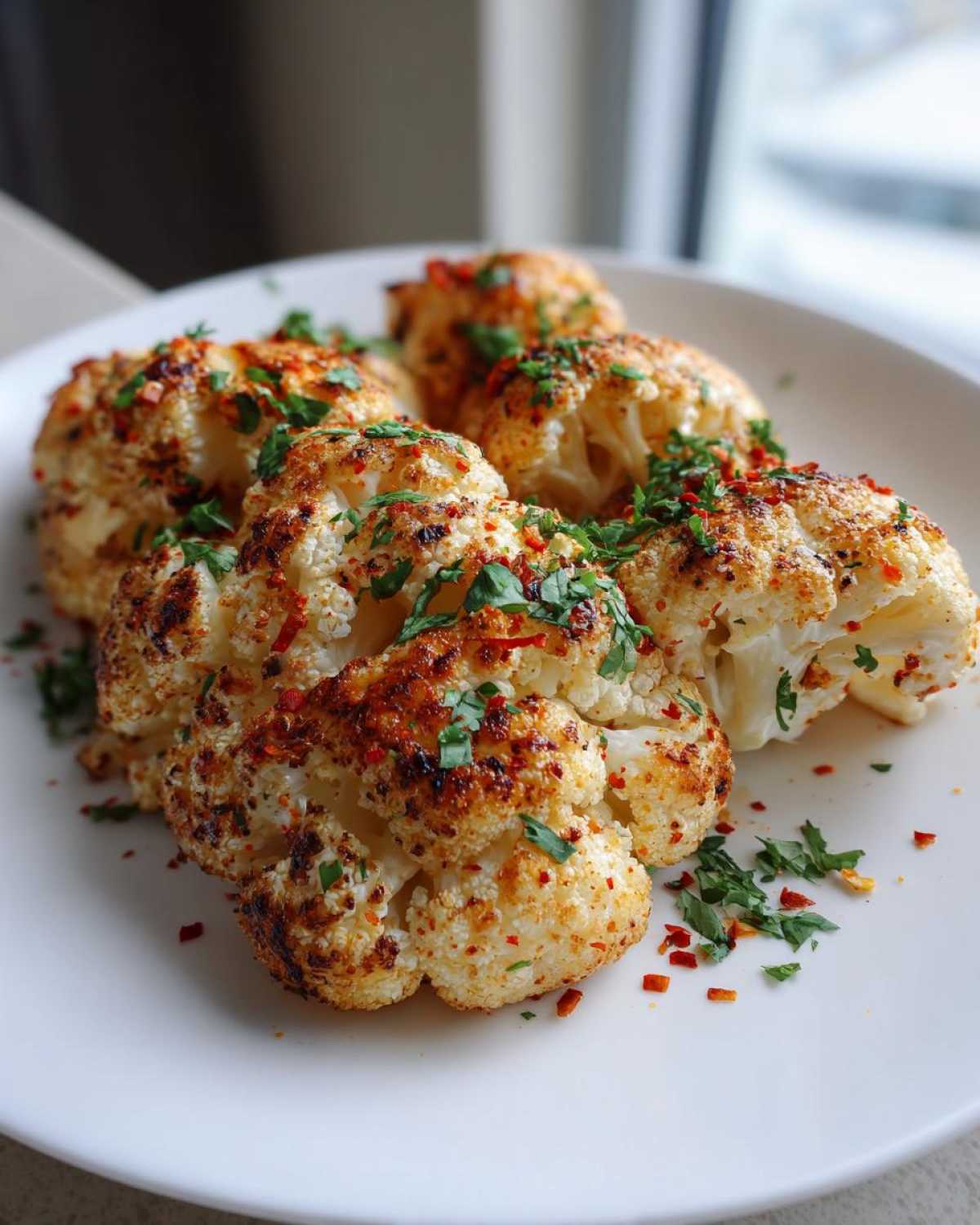 Roasted cauliflower florets seasoned for Cauliflower Elote, topped with red chili flakes and fresh cilantro.