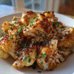 Close-up of roasted Cauliflower Elote florets topped with a creamy white sauce, fresh cilantro, and red chili flakes.