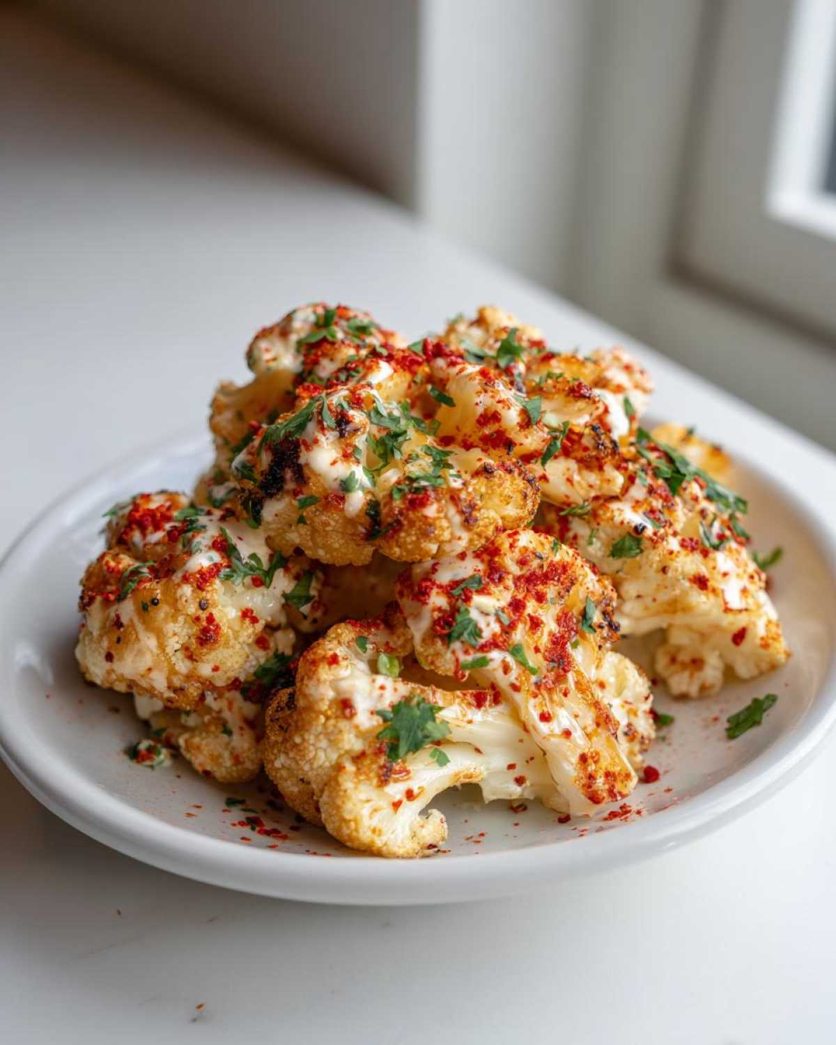 Close-up of roasted Cauliflower Elote florets drizzled with crema and sprinkled with chili powder and cilantro.